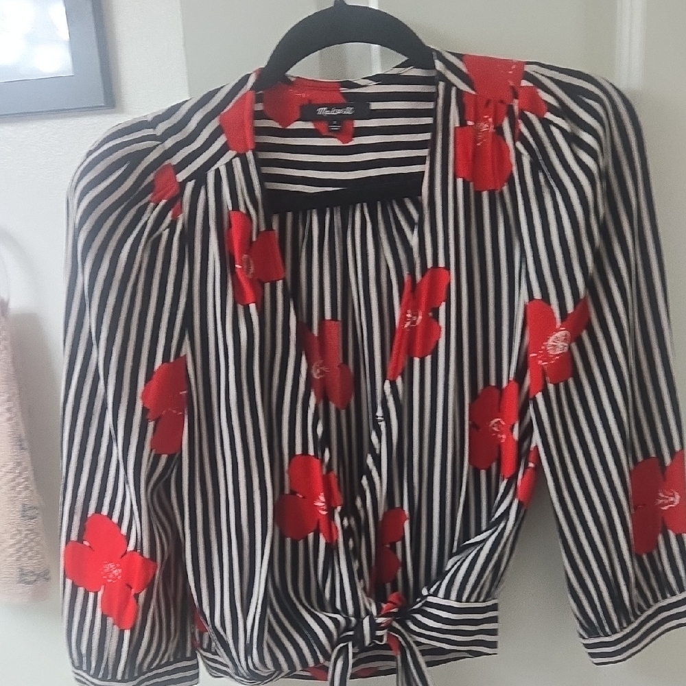 Madewell Black and White Striped Blouse with Red Floral Design